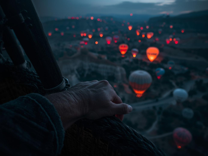 Mongolfiere in volo all'alba sopra la valle di Goreme in Cappadocia, Turchia.