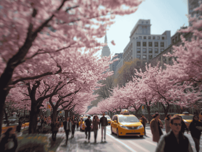 Central Park in fiore con i grattacieli di New York sullo sfondo in una giornata primaverile.