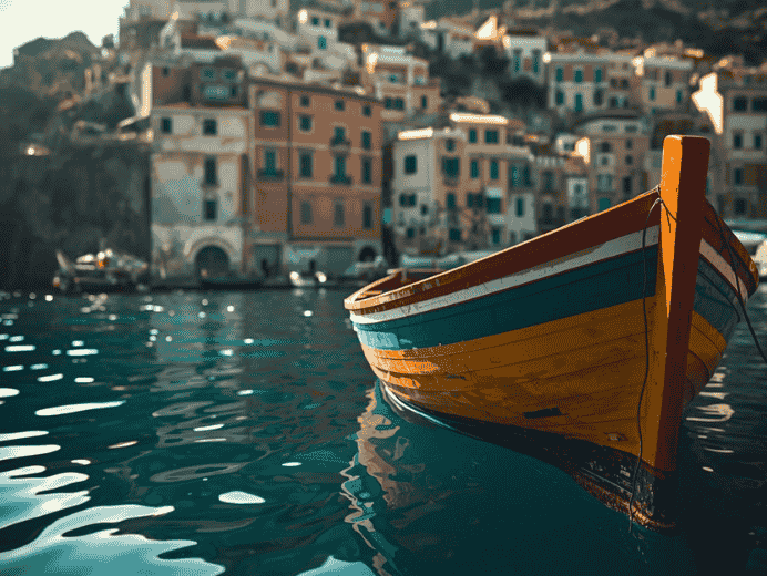 Le iconiche case colorate del borgo della Corricella a Procida riflesse nel mare.