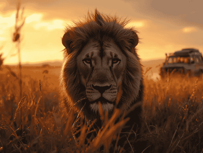 Un leone maschio tra l'erba alta del Kruger National Park durante il tramonto in Sudafrica.