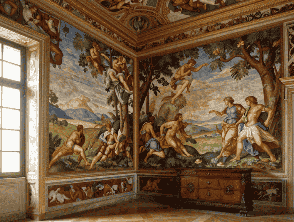 Un interno di Palazzo della Corgna a Castiglione del Lago, con le pareti e il soffitto decorati da splendidi affreschi del Pomarancio.