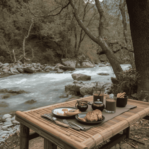 Colazione tradizionale allestita su un tavolo di bambù in riva a un fiume di montagna vicino a Rishikesh.