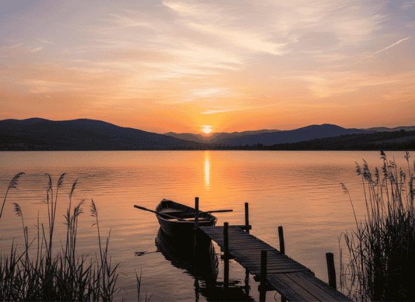 Un suggestivo tramonto sul Lago Trasimeno con un'estesa vista panoramica e una barca ormeggiata.