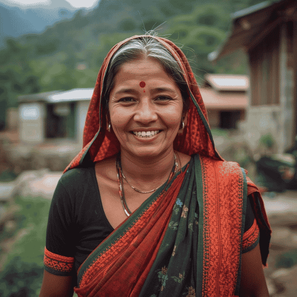 Ritratto di una donna indiana sorridente al Villaggio delle Donne di Matholi, progetto di empowerment femminile in Uttarakhand.