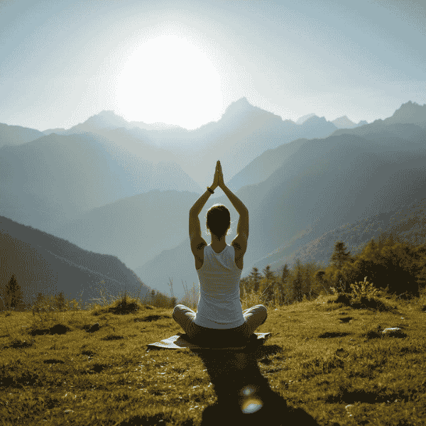 Viaggiatore che pratica yoga e meditazione all'alba di fronte alle montagne dell'Himalaya durante un trekking in Uttarakhand.
